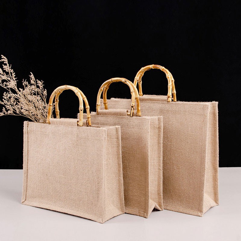 Portable Burlap Shopping Bag Jute Handbag Bamboo Ring Retro Carry Handles DIY Handbag Women Large Size Beach Bag for Girls