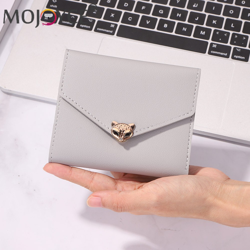 Simple Fashion Women Trifold PU Leather Small Wallet Portable Solid Color Casual Business Card Holder Fox Shape Hasp Coin Purse