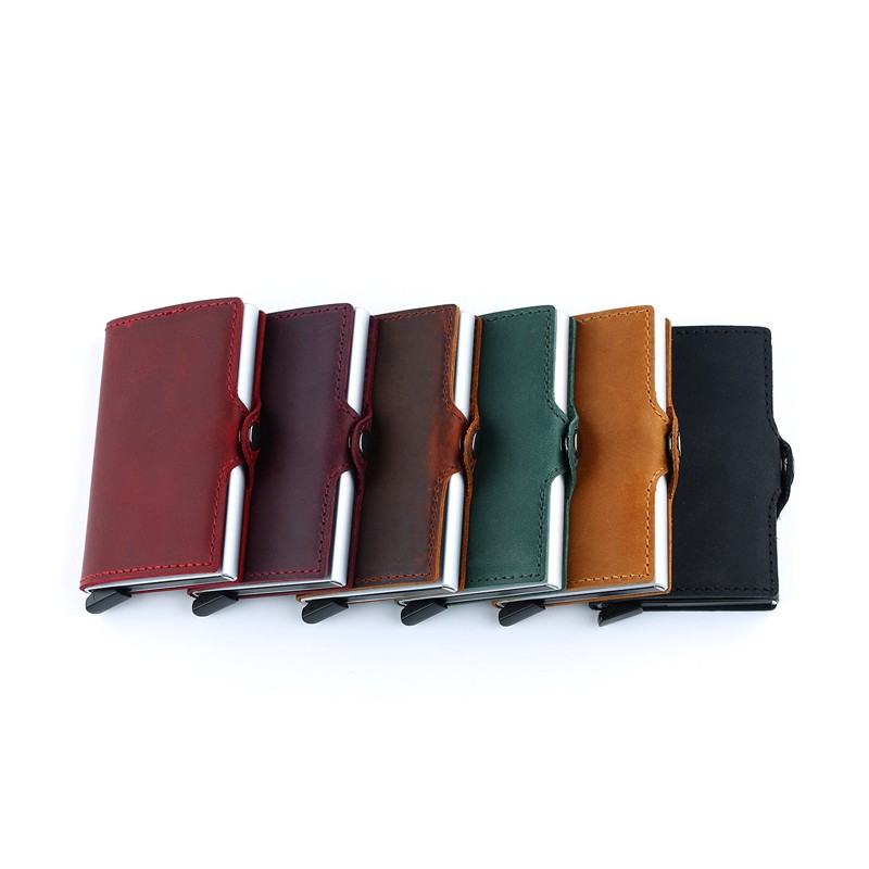 Genuine Leather Men Wallet Small Wallet With Rfid Lock Aluminum Card Holder Slim Male Wallet