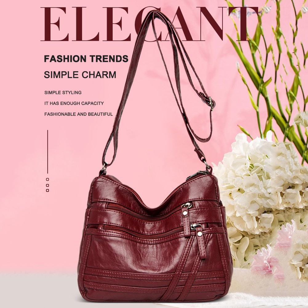 Women Fashion PU Leather Shoulder Bags Solid Color Design Casual Messenger Bags Leisure Multilayer Handbags