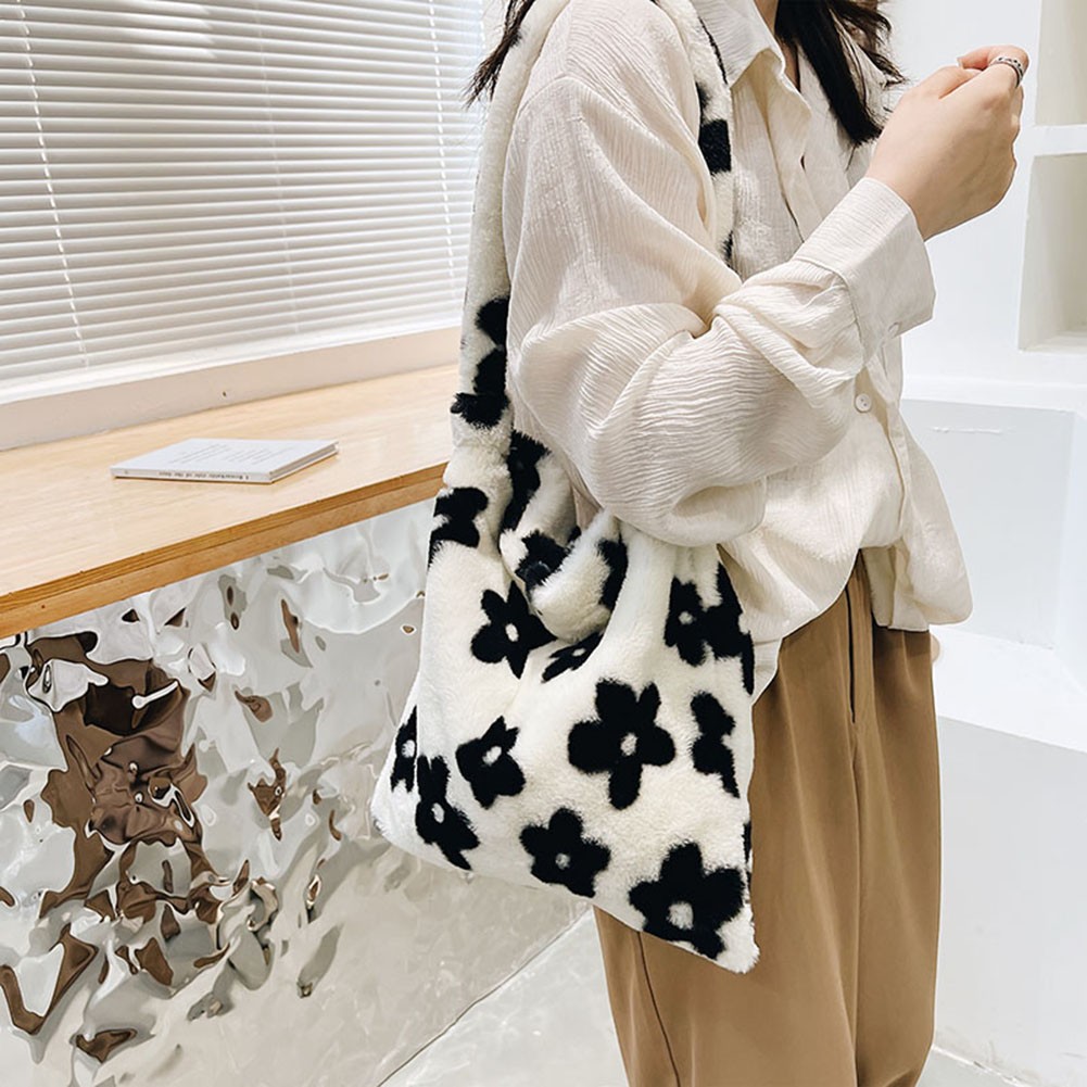 Fashion Ladies Furry Plush Shoulder Bag Women Fashion Cow Pattern Shoulder Crossbody Casual Female Hit Color Soft Messenger Bag