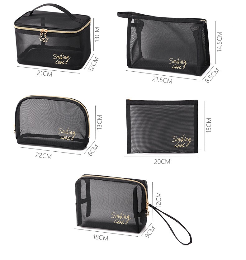 5 Pieces Black Mesh Women Cosmetic Bag Mesh Makeup Bags Zipper Pouch Portable Travel Makeup Pouches For Home Office Accessories