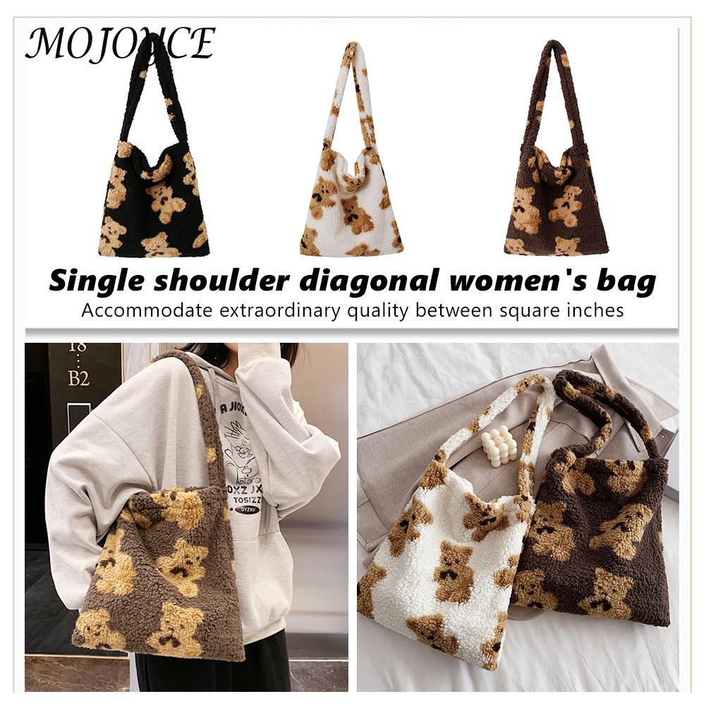 Elegant Women Shoulder Bags Women Autumn Winter Cartoon Bear Print Underarm Bag Warm Plush Tote Decorative Handbag