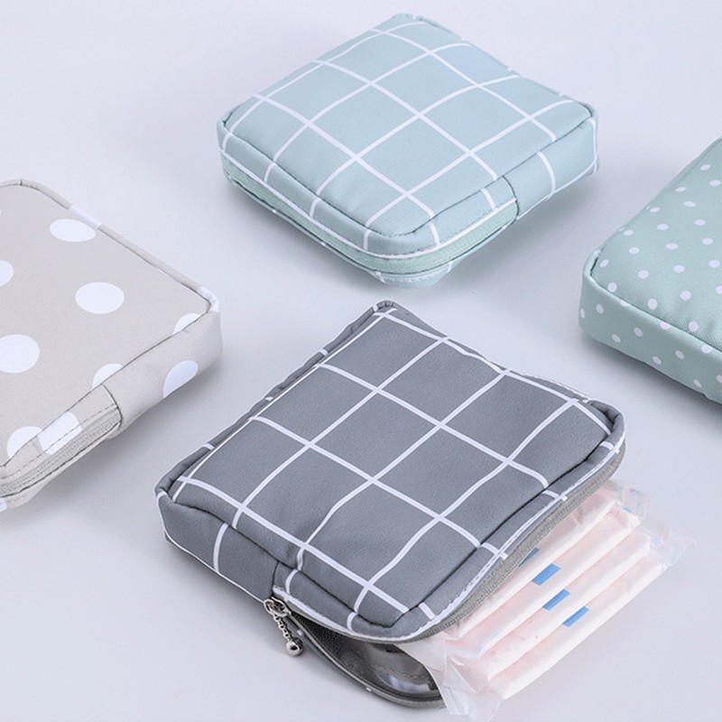 Women Portable Sanitary Napkin Storage Bag Cotton Travel Makeup Bag Printed Literary Zipper Purse Sundries Cosmetic Organizer