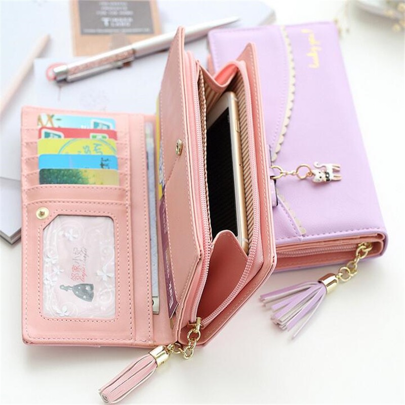 PU long wallet leather wallet women card holder purse sweet bow cute cat pendant tassel ladies clutch phone money coin bag portemonny