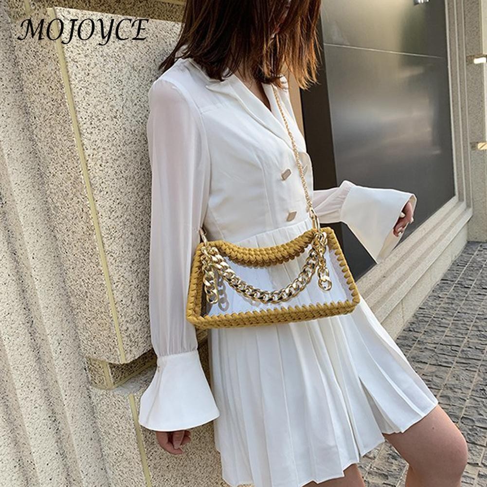 Summer Women Hand Woven Handbag Clear Waterproof Chain Shoulder Crossbody Bags Women Summer Purse for Travel Shopping