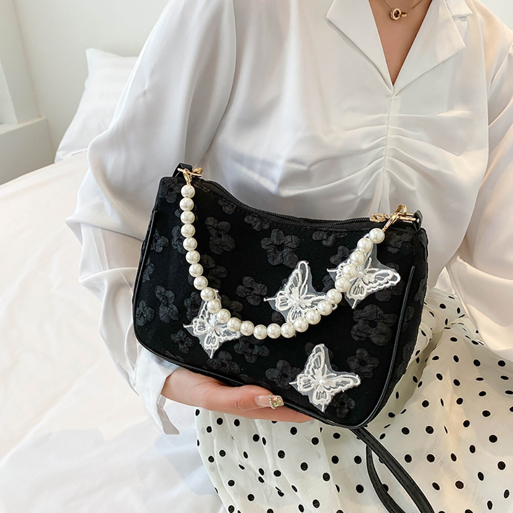 Retro Handbag 2022 Spring Butterfly Print Women Shoulder Bags Pearl Chain Handbags Female Crossbody Messenger Clutch Bags