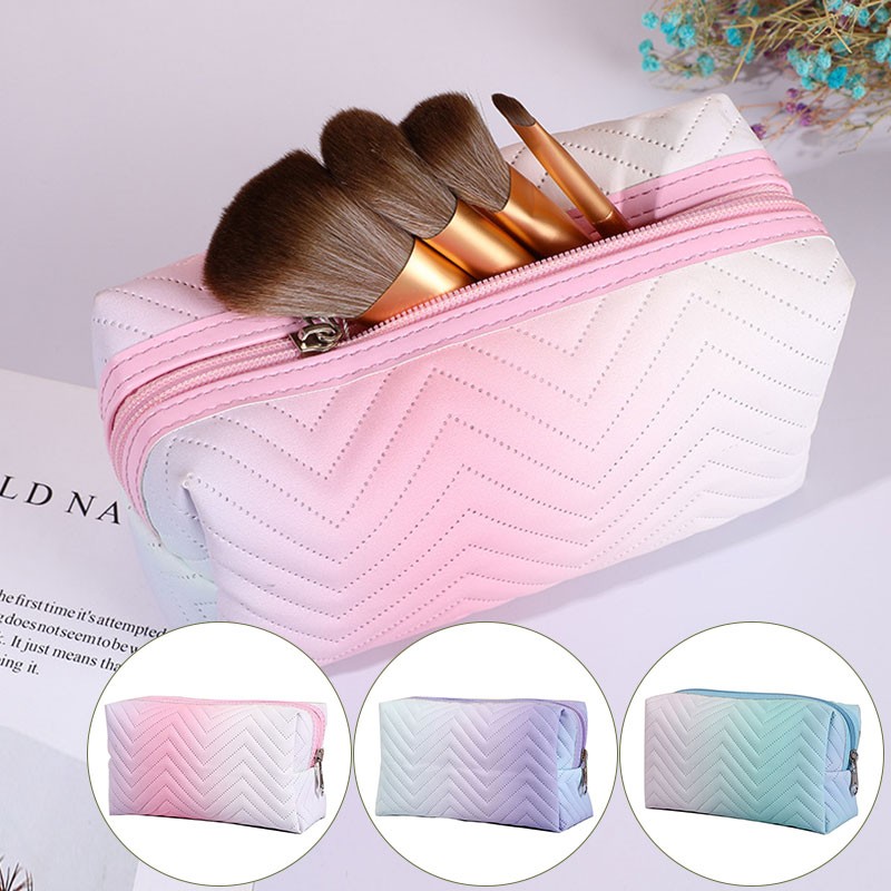 1PC Gradient Color PU Leather Cosmetic Bag For Women Zipper Travel Cosmetic Bag Large Female Waterproof Make Up Pouch Necessities