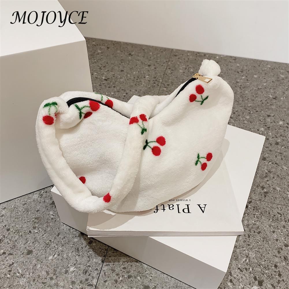 Female Fashion Cherry Pattern Shoulder Bag Winter Mobile Phone Top Handle Bag Warm Plush Tote Decorative Handbag