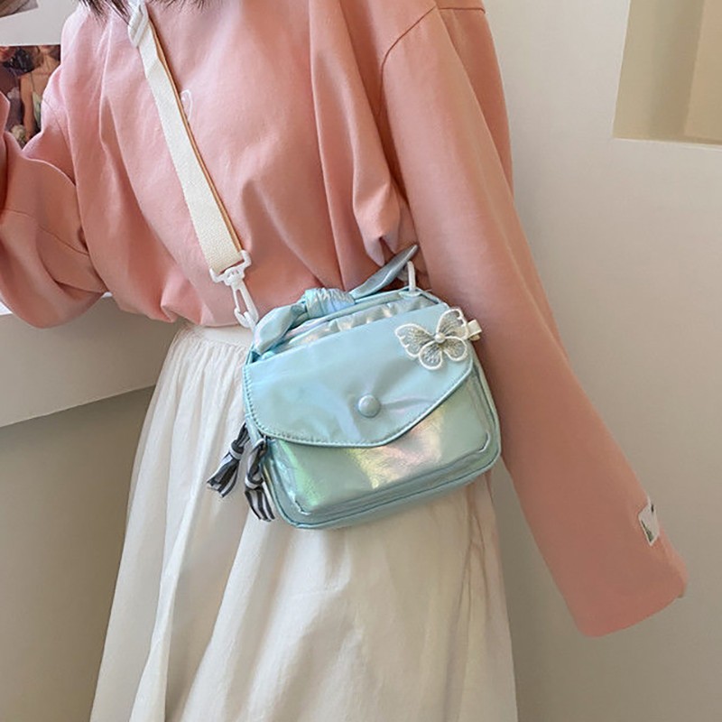 MBTI كاندي اللون الإناث حقيبة كتف موضة 2022 الليزر Crossbody حقيبة ساعي اليابانية Kawaii الطلاب الدانتيل فراشة أكياس