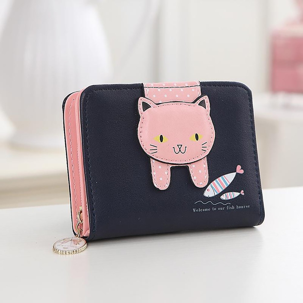 Card Portable Hasp Coin Zipper Closure Gift Cute Cat Money Folding Short PU Leather Cartoon Women Wallet