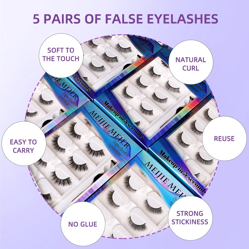 5 Pairs - Reusable Self Adhesive False Eyelashes With Adhesive Tape Natural Waterproof Eye Lashes To Wear No Glue Needed