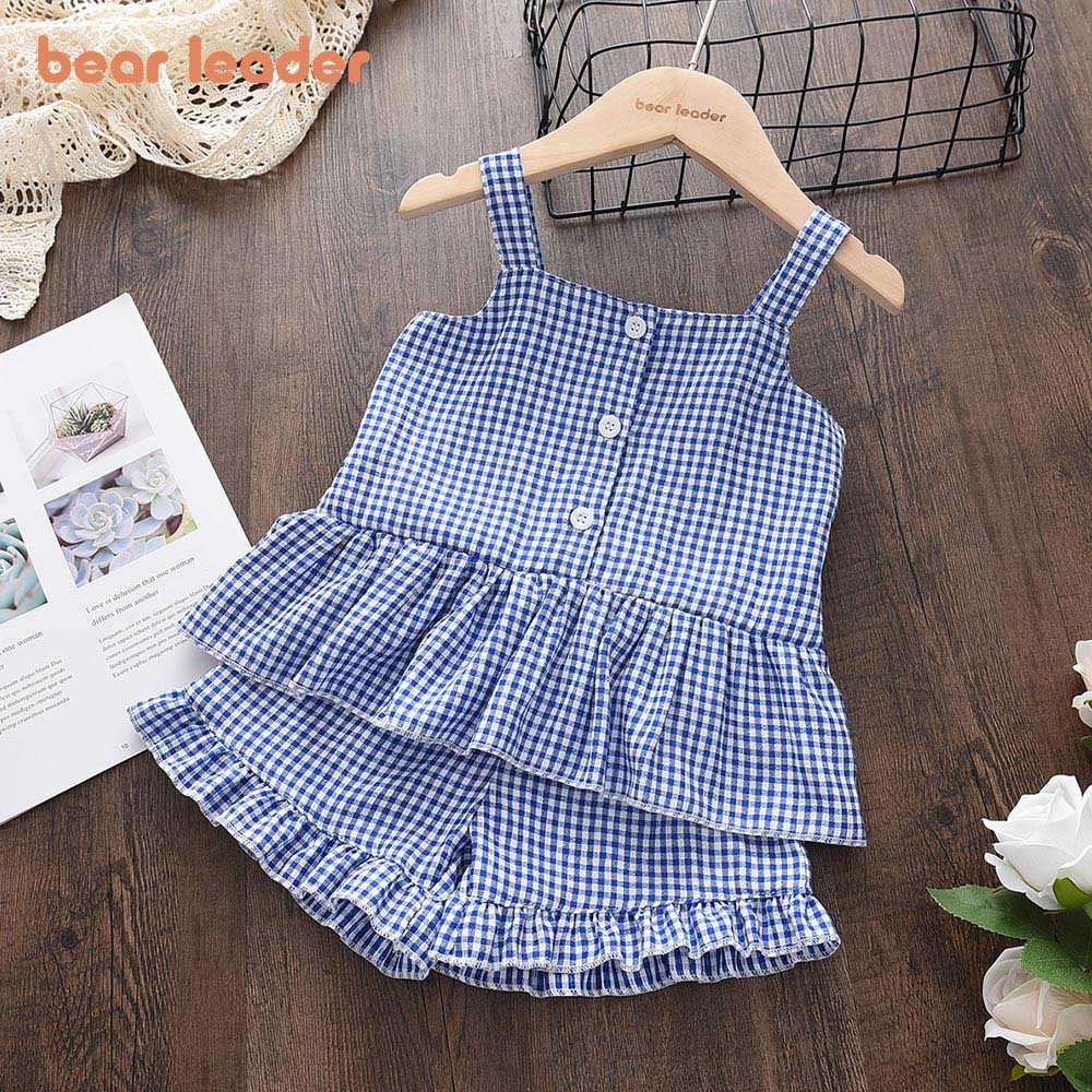 Bear Leader Baby Girls Clothes Sets Summer Plaid Print Girl Sleeveless T-shirts Vest Pants 2pcs Casual Outfits Kids Clothes