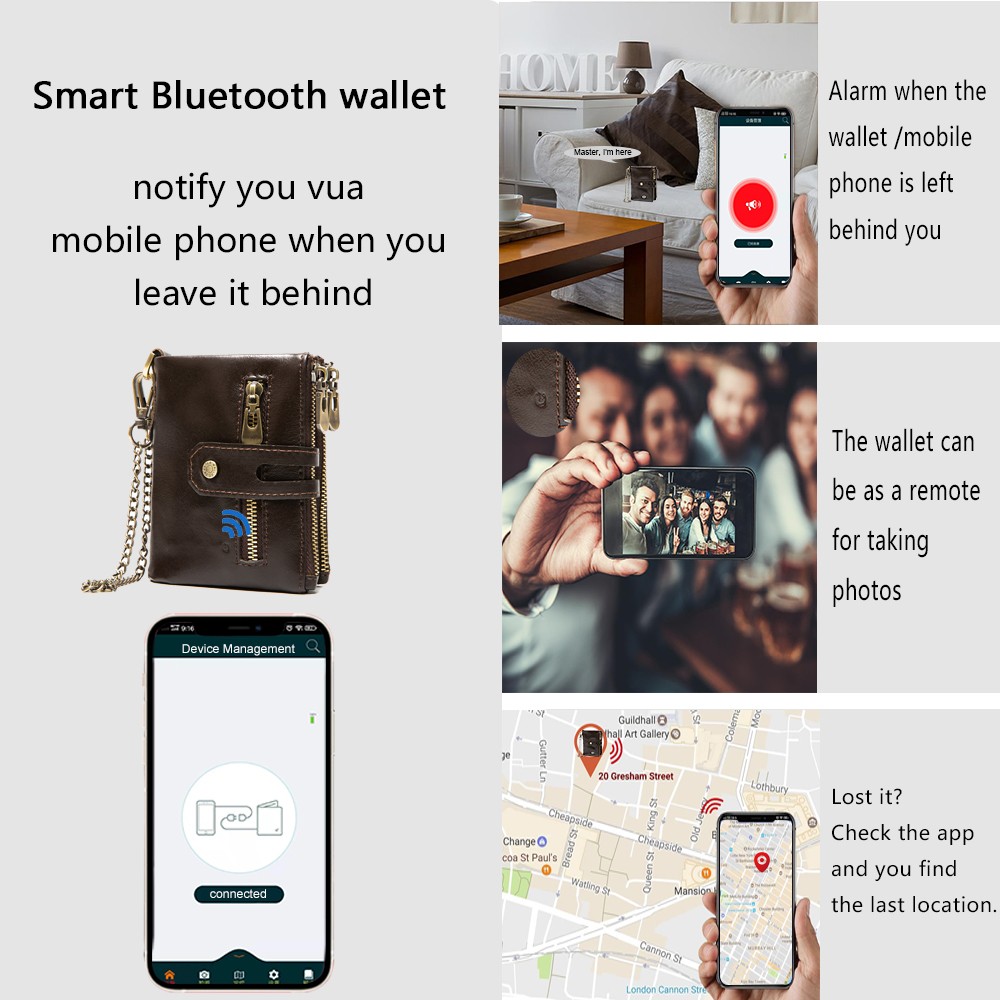 Smart Wallet GPS Record Bluetooth Free Shipping Engraving Gift Coin Purse Chain Genuine Leather Card Holders Men Zipper Clutch