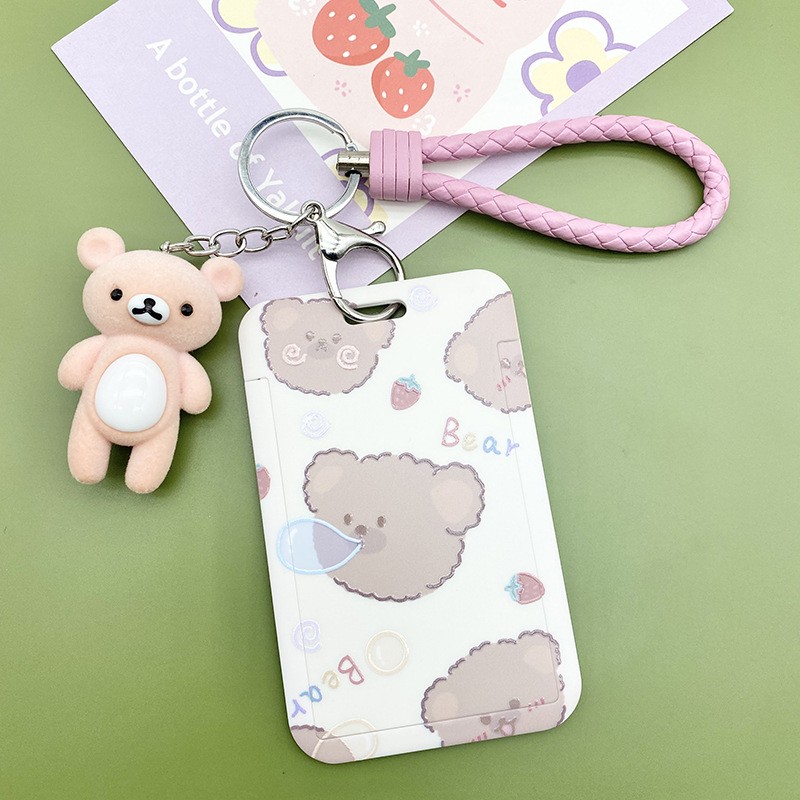 New Cute Cartoon Flocking Bear ID Credit Bank Card Holder Student Keychain Bus Card Case ID Badge Cover Women Men Pendants