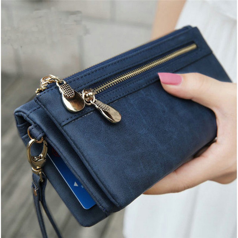 Fashion Women Wallets Dull Polish Leather Wallet Double Zipper Day Clutch Purse Wristlet Coin Purse Card Holder Billetera