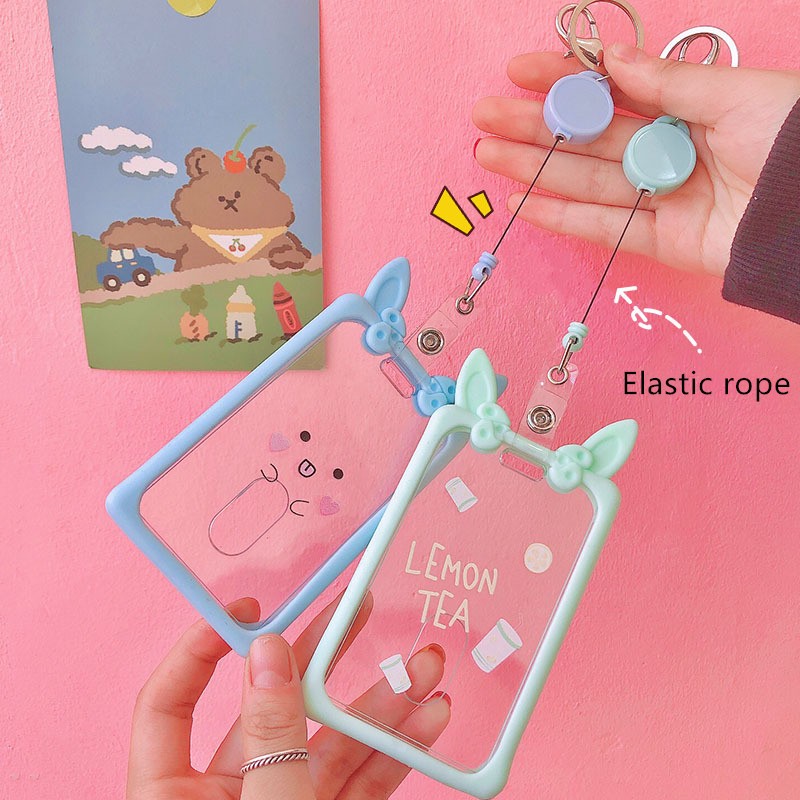 Cute Ear Card Holder Retractable Piggy Milk Bottle Student Card Holder Bus Pass Cover Keychain Card Badge Storage Bag