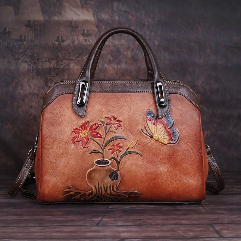 OYIXINGER Vintage Women Bag Genuine Leather Retro Women Shoulder Bags China Style Handmade Ladies Handbag Embossed Boston Bags