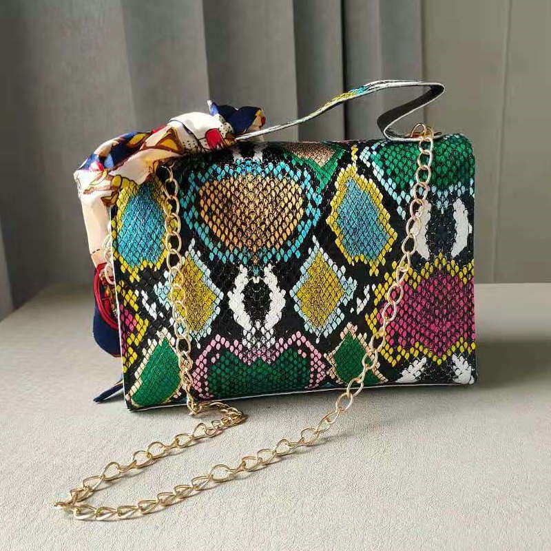 Retro Snakeskin Prints Crossbody Bag for Women 2021New Fashion Serpentine Scarf Chain Shoulder Bag Top Handle Small Square Box