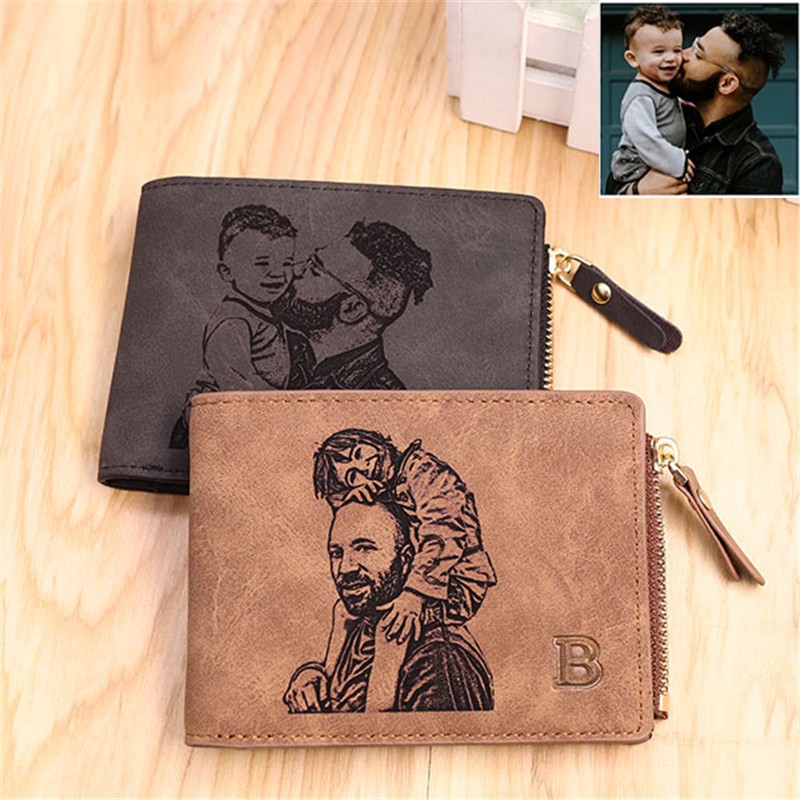 Custom Personalized Photo Wallet for Men with Zipper Coin Pocket Engraved Picture and Text Wallets Father's Day Gift for Him Dad