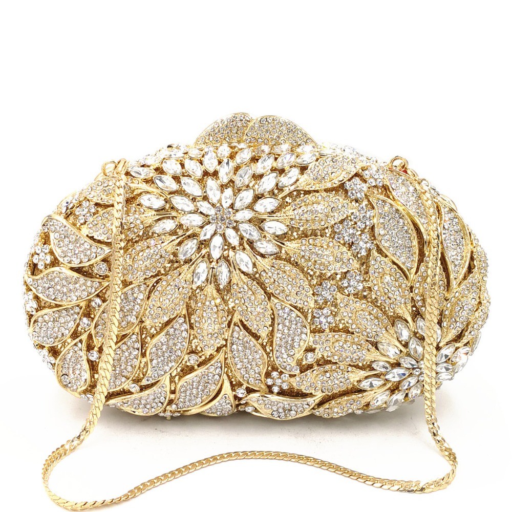 Gold Metal Leaves White Crystals Evening Bags Luxury Women Wedding Party Purse Ball Bag Rhinestone Mini Minaudio Ere