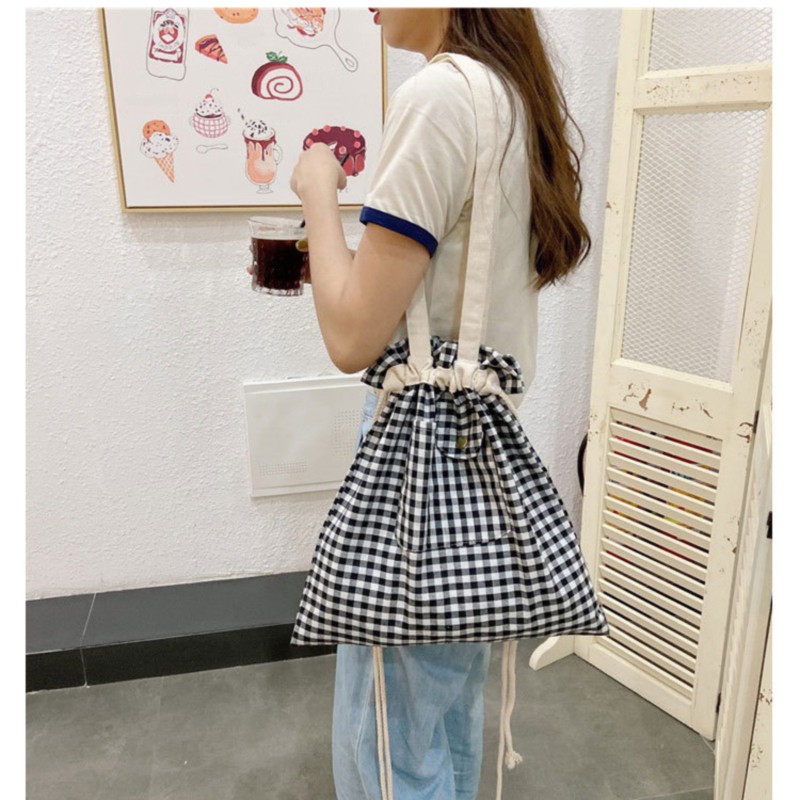 Shopping Bags For Women Plaid Casual Drawstring Adjustable Ins Cute Students Shopper Bag Korean Style