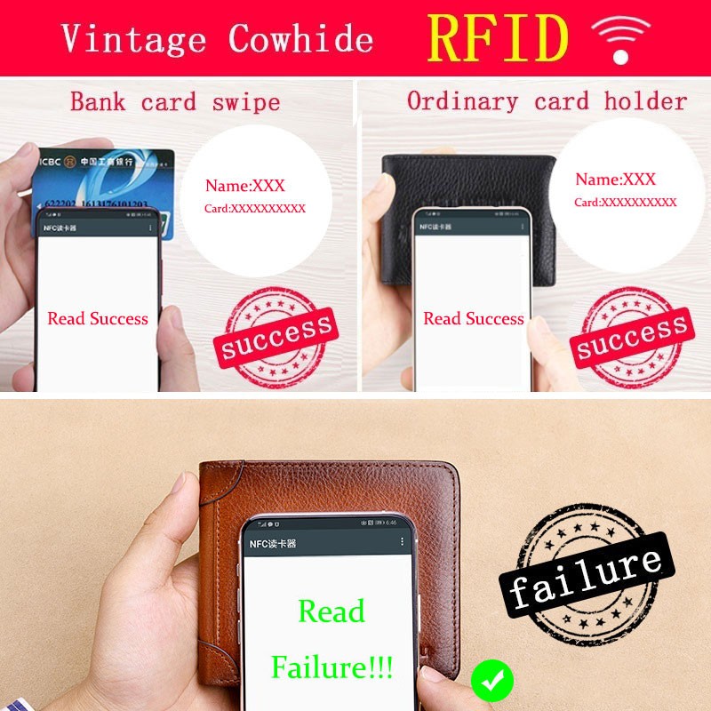 Men's Rfid Blocking Genuine Leather Bifold Wallet Vintage Slim Short Multifunctional Large Capacity Cowhide Wallet Money Clip