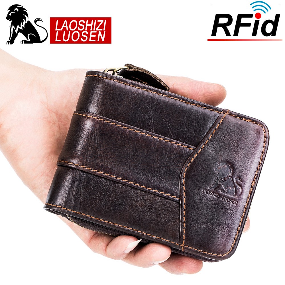 Retro Genuine Leather Men Wallet Coin Pocket Wallet Cowhide Zipper Card Holder Men Wallet