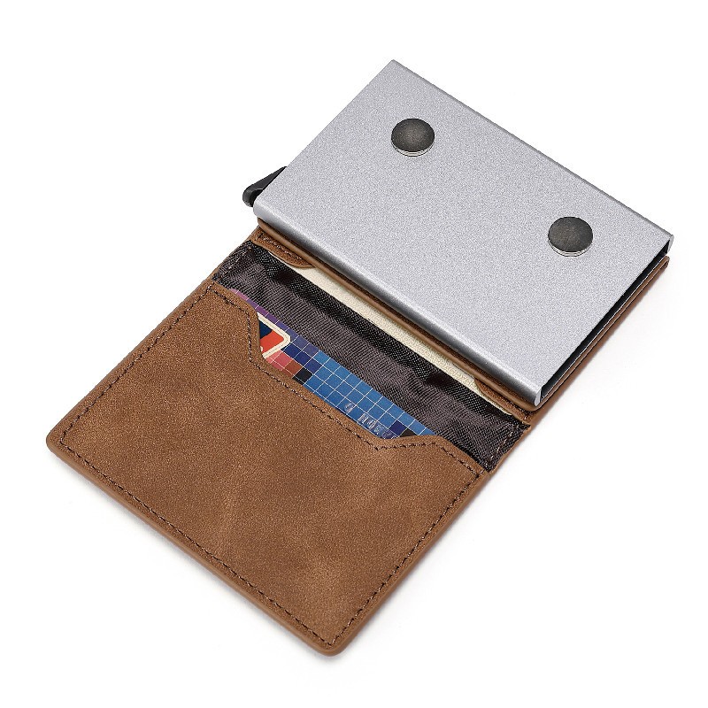 Anti theft brush RFID metal automatic pop-up credit card box business three fold portable wallet card set card bag