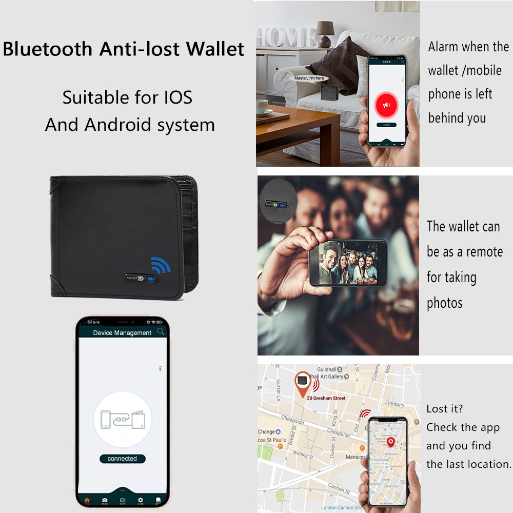 Smart Anti-lost Wallets Bluetooth Compatible Tracker Genuine Leather Men Wallet Card Holder Short Wallet Thin Free Emboss