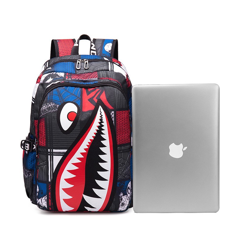 Fashion trend lightweight shark boy student backpack computer USB charging simple printing personality junior high school bag