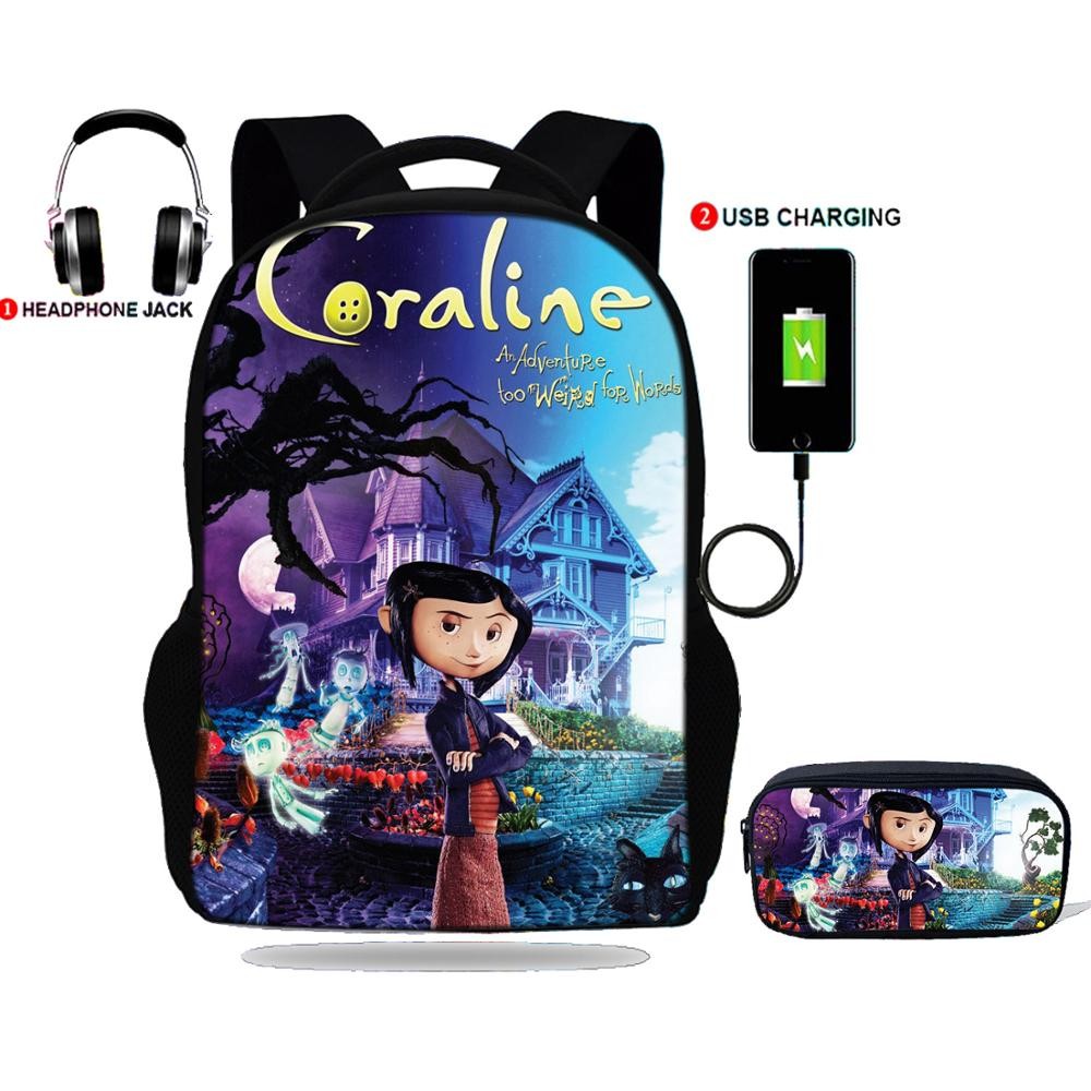 حقيبة ظهر للمراهقين ، طباعة Coraline ، حقيبة مدرسية ، شحن USB ، للمدرسة