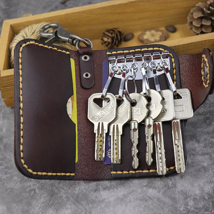 Handmade Genuine Leather Key Card Holder Wallet Personalized Card Holder With Key Ring Keyring