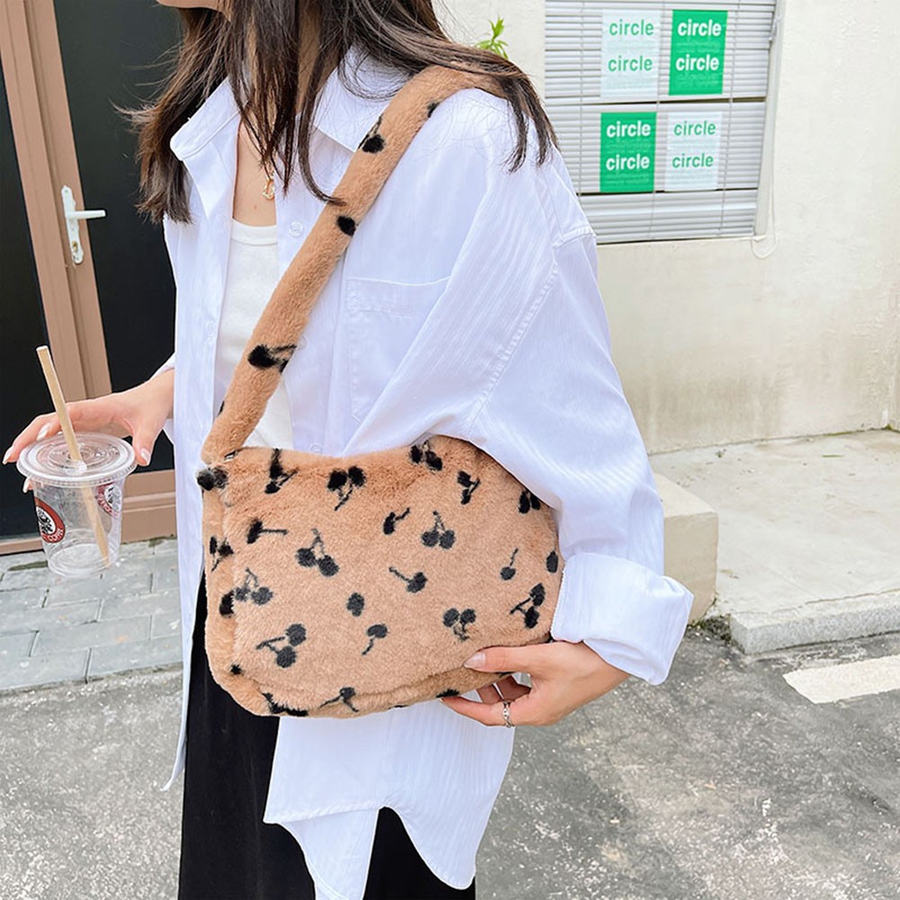 Fashion Women Plush Soft Shoulder Bag Cherry Print Underarm Bag for Women 2021 New Autumn Winter Handbags and Purses