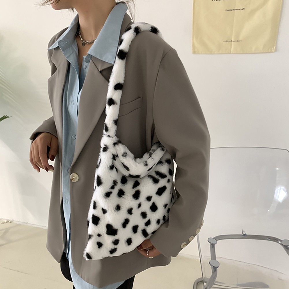 2021 Women Leopard Print Open Pocket Shoulder Bags Winter Warm Soft Plush Bucket Bags Female Large Capacity Furry Shopping Bag