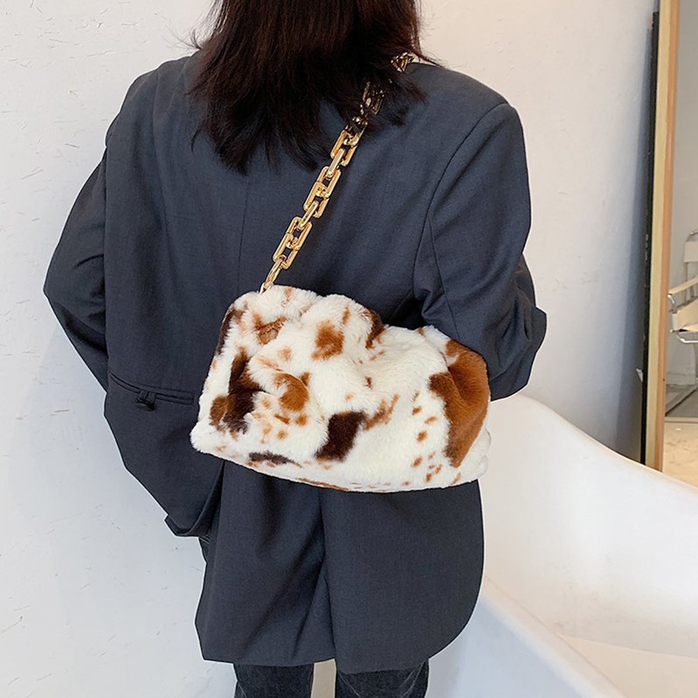 INS Fashion Women Winter Cloud Bag Cow Print Soft Plush Shoulder Bag Female Thick Chain Handbags Ladies Warm Fur Underarm Bags