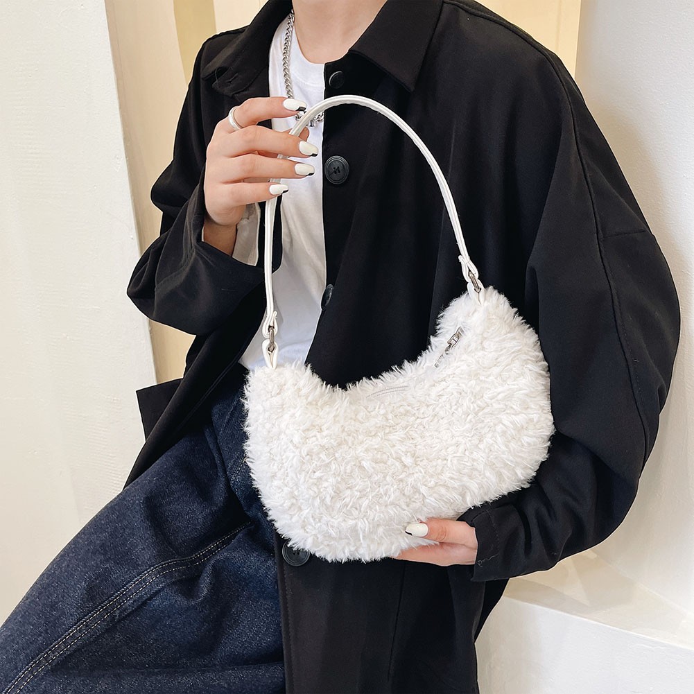 Women's Soft Plush Shoulder Bag Solid Color Hobos Warm Cloth Handbag Female Autumn Winter Casual Small Tote Bag Underarm Shopper