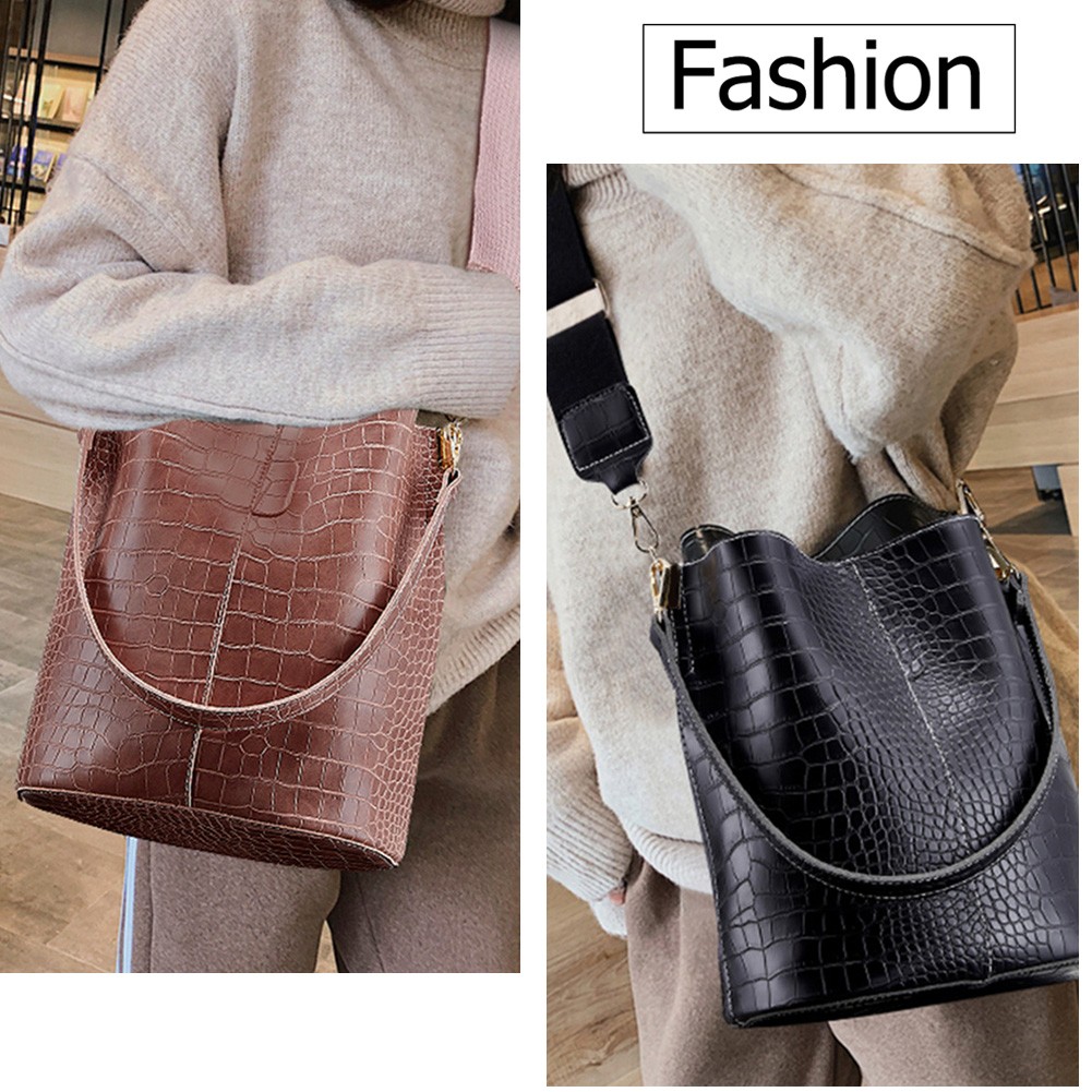 Large Capacity Women Crossbody Bags Leather Bucket Bag Crocodile Pattern Shoulder Bag