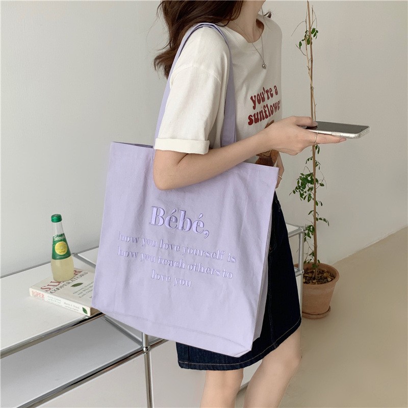 Women Shoulder Bag 2022 Canvas Tote Bag Girl Bag Fashion Large Capacity Shopper Bag Embroidered Letter Macaron Color Student Handbag