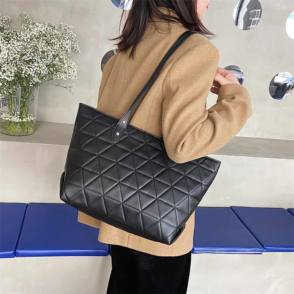 Women Exquisite PU Leather Embroidery Thread Tote Bag Designer Diamond Lattice Top Handle Bag Large Capacity Handbags