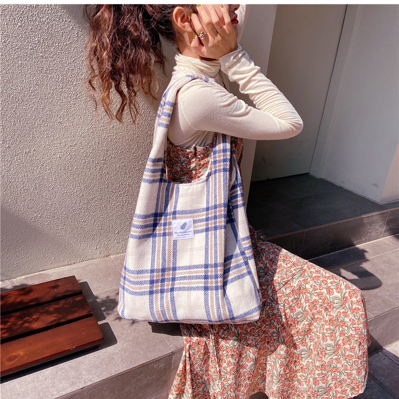 2021 New Shopper Bags Women Shoulder Bag Japanese Style Plaid Tote Bag Cute Girls Handbag Casual School Bag Female Canvas Bag