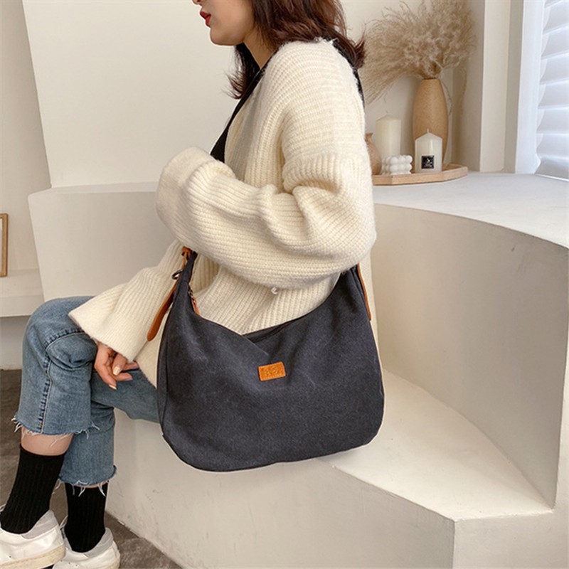 2022 Women Retro Messenger Bag Canvas Handbags For Girls Zipper Solid Leather Patchwork Casual Tote Large Shoulder Shopping Bag