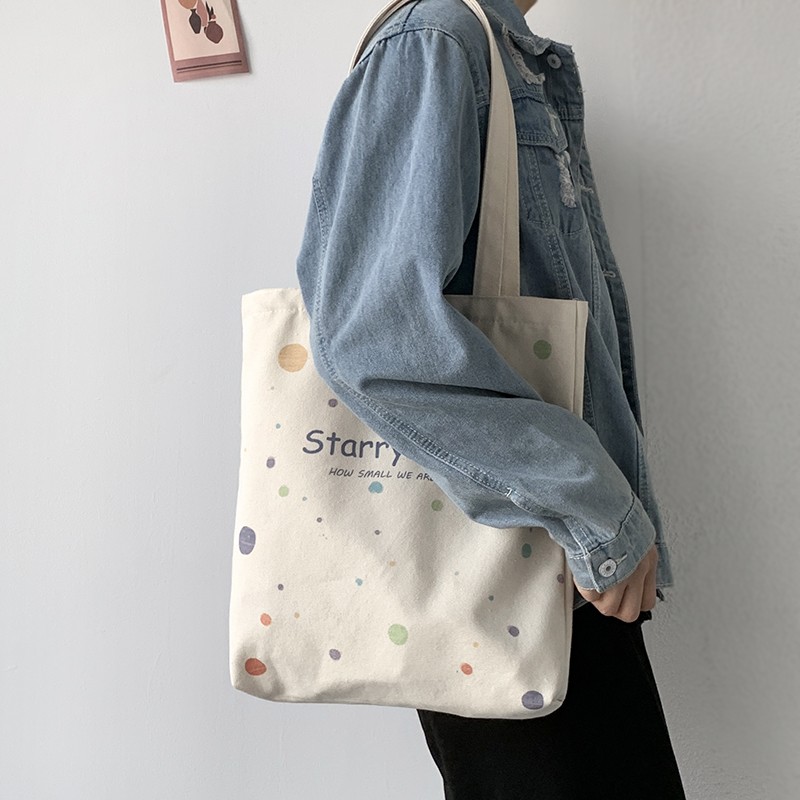 Women's shoulder bag 2022 canvas tote fashion girl bag simple large capacity shopper bag with wide zipper starry sky print handbag