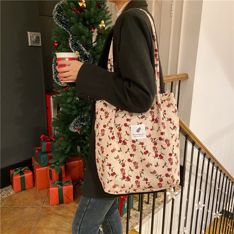 Women Corduroy Handbag New Fashion Floral Printing Large Capacity Canavs Shoulder Bag 2022 Summer Ladies Shopping Messenger Bag