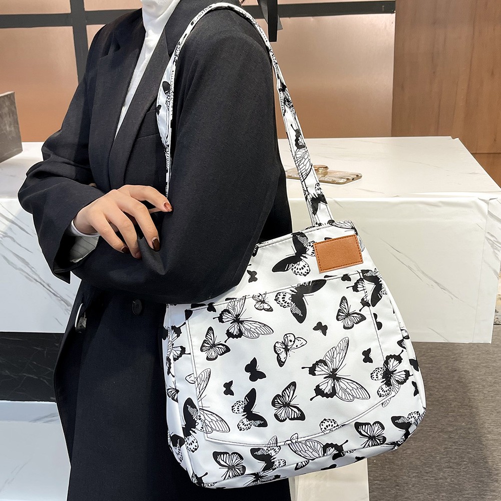 Women Oxford Cloth Shoulder Bag Fashion Cow Leopard Print Tote Bag Butterfly Pattern Bucket Bag Girls Double Layer Handbags