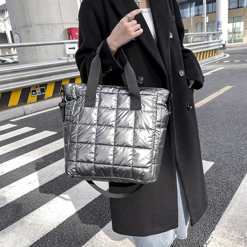 Women Top Handle Casual Ladies Bag Large Capacity Fashion Bags Solid Color Nylon Leisure Quilted Lattice Messenger Bag