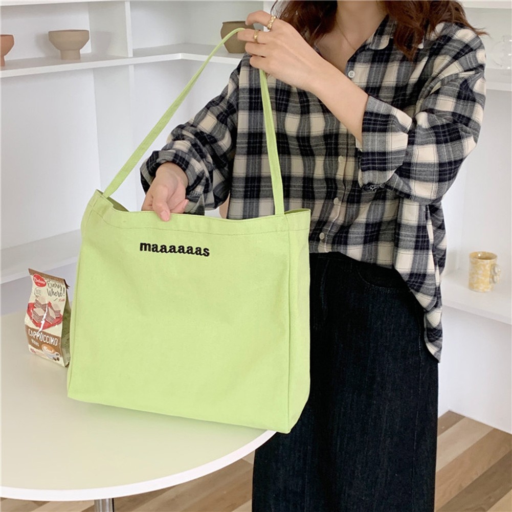 Women Canvas Simple Casual Handbags Embroidery Letters Print Large Capacity Female Shoulder Bags Solid Color Lady Shopping Bags