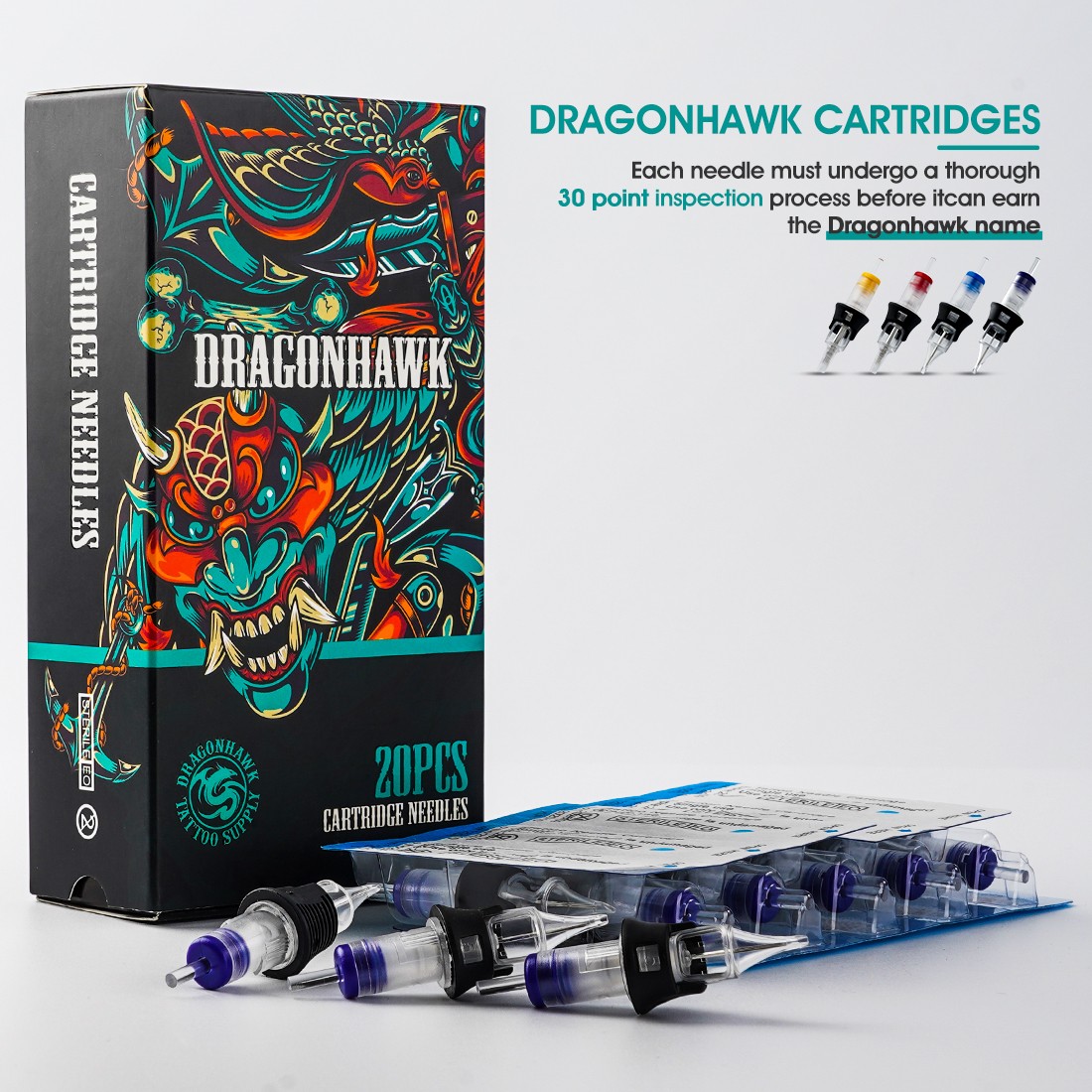 خرطوشة إبرة وشم Dragonhawk RL ، آمنة ومعقمة مع علبة سيليكون للمكياج الدائم