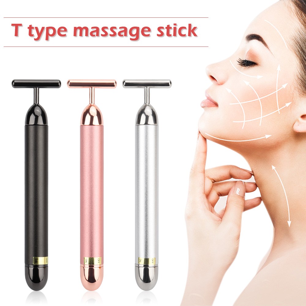 24k Gold Face Lift Bar Roller Vibration Slimming Facial Massager Stick Facial Beauty Skin Care T Shape Vibrating Tool