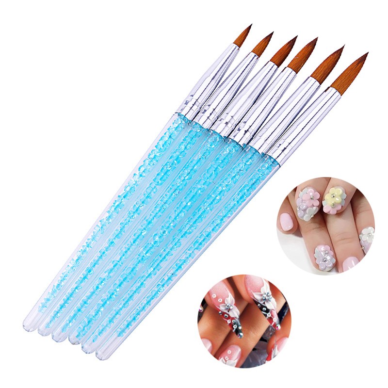 6pcs/set Nylon Hair Nail Brush Blue Rhinestone Faux Fur Acrylic Brush Pen Nail Gel Builder Carving Dotting Painting Tools